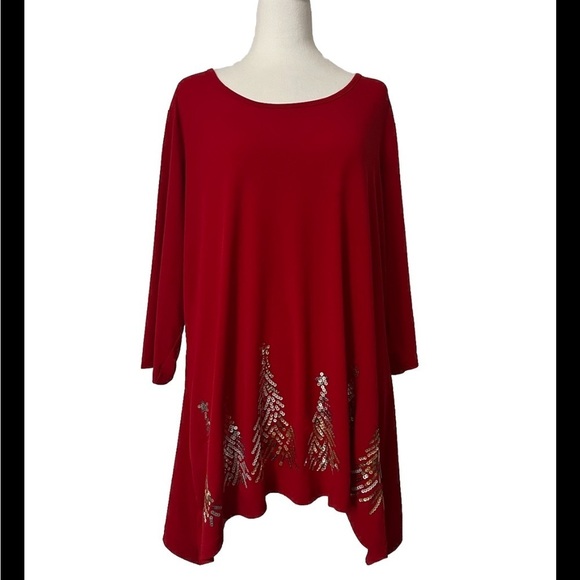 Quacker Factory Red 3/4 Sleeve Christmas Tree Sequined Embellished Top 1X - Picture 1 of 7